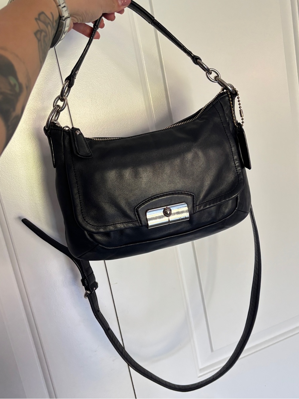 Vintage Y2K COACH Kristin Black Leather Flap Bag Top Handle Crossbody F22308